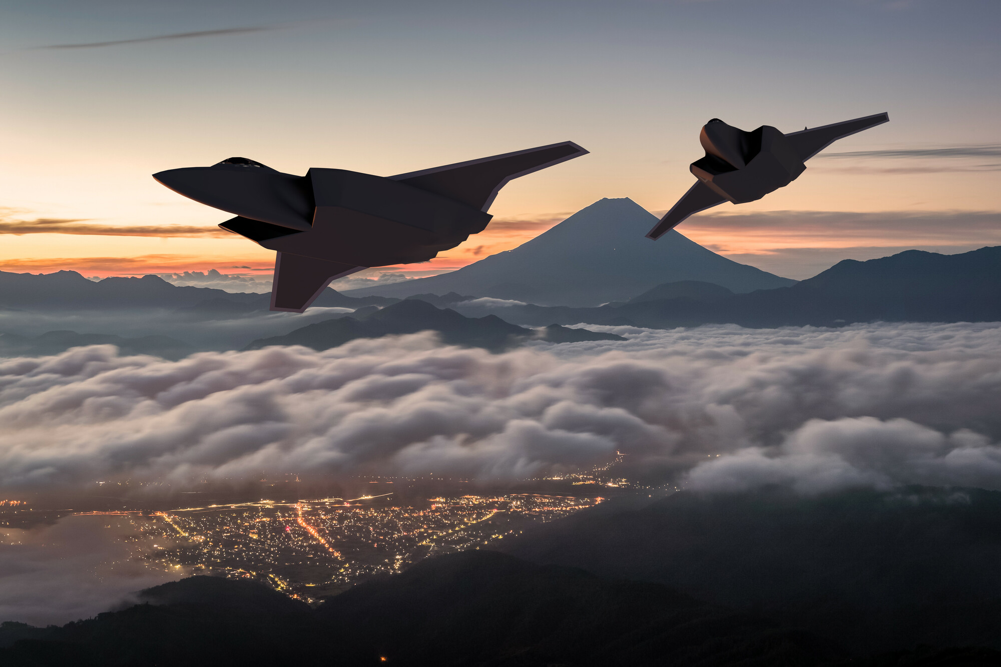 Image shows graphic of future fighter jets flying through clouds over Japan.